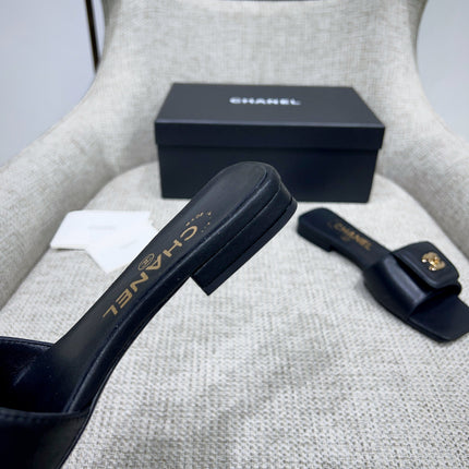 CHANEL 26S FLAT SLIDES IN BLACK LAMBSKIN