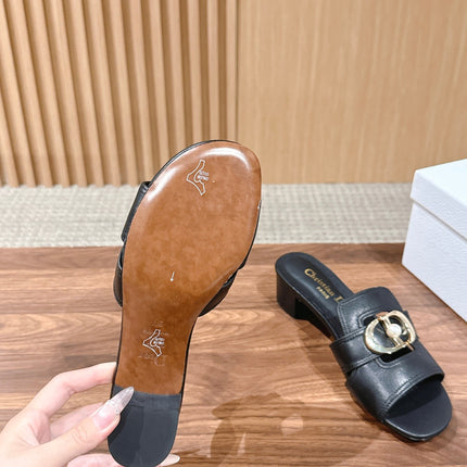 DIOR 26S LOW HEEL SLIDE SANDALS IN BLACK CALFSKIN GOLD PEARL BUCKLE