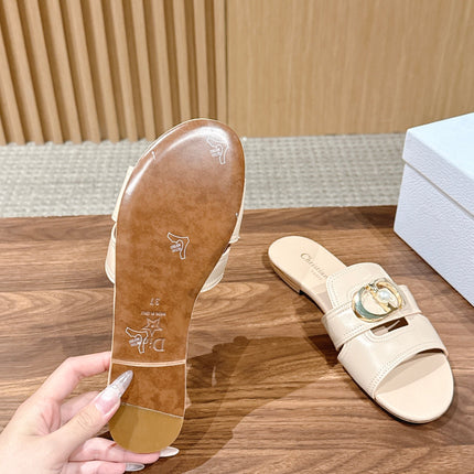 DIOR 26S WIDE STRAP SLIDE SANDALS IN BEIGE CALFSKIN PEARL GOLD BUCKLE