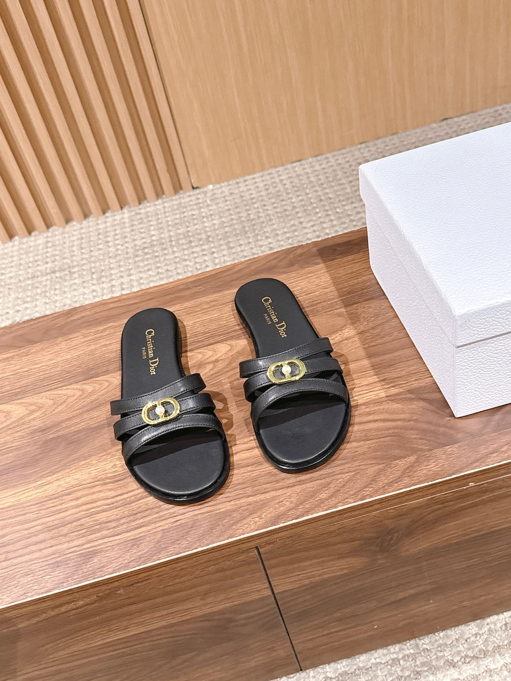 DIOR 26S MULTI STRAP SLIDE SANDALS IN BLACK CALFSKIN GOLD BUCKLE