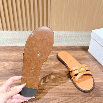 DIOR 26S MULTI STRAP SLIDE SANDALS IN CARAMEL BROWN CALFSKIN GOLD BUCKLE