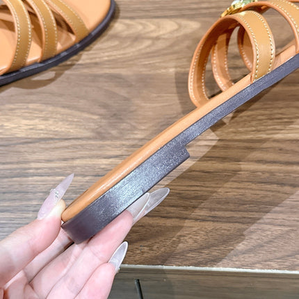 DIOR 26S MULTI STRAP SLIDE SANDALS IN CARAMEL BROWN CALFSKIN GOLD BUCKLE