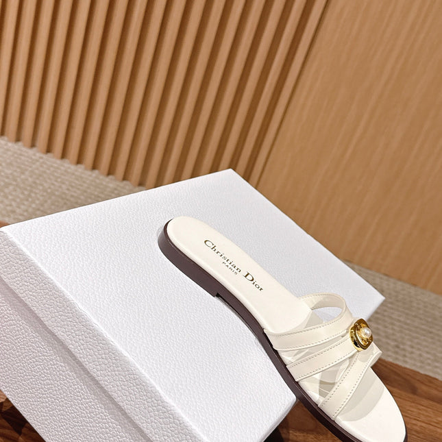DIOR 26S MULTI STRAP SLIDE SANDALS IN WHITE CALFSKIN GOLD BUCKLE