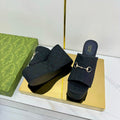 GG WEDGE SLIDES 110 IN BLACK FABRIC WITH GOLD HARDWARE