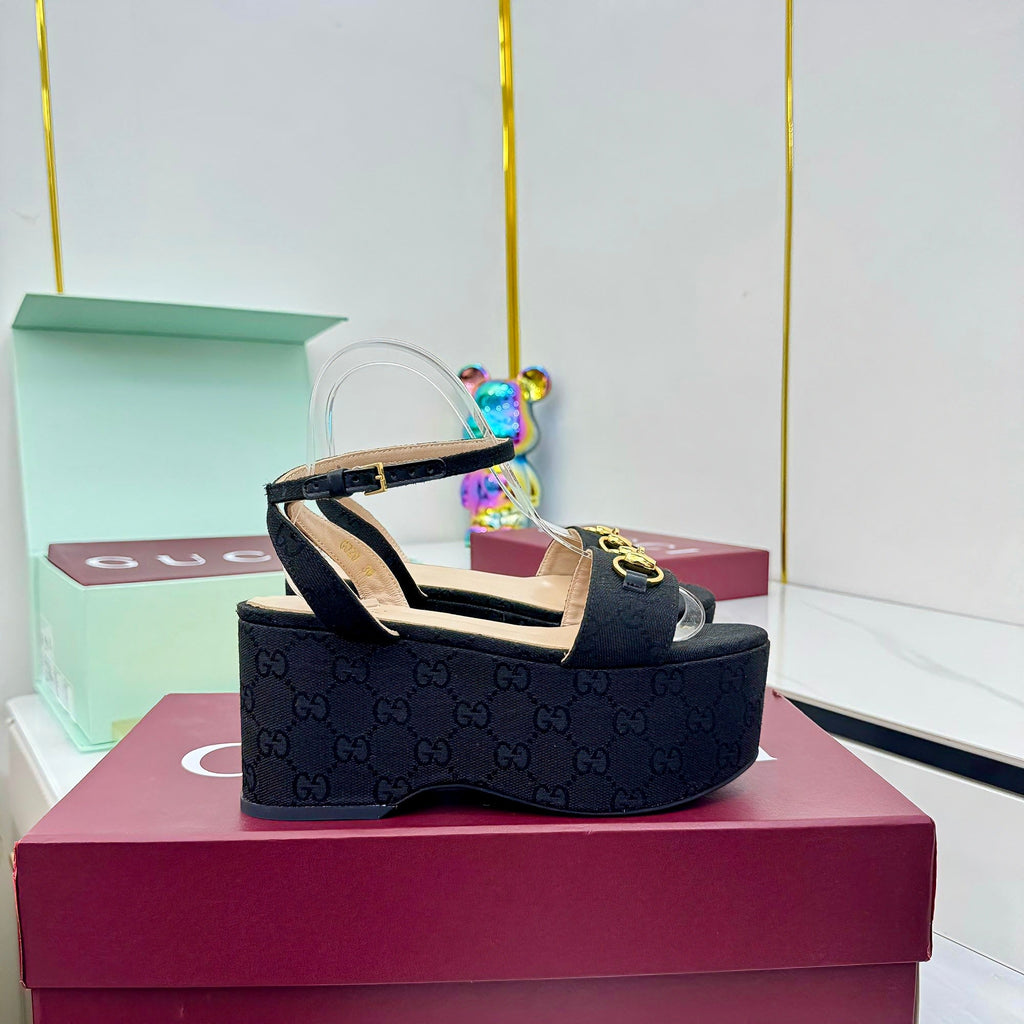 GG WEDGE HEELS IN BLACK FABRIC AND CALFSKIN WITH GOLD HARDWARE STYLE 1