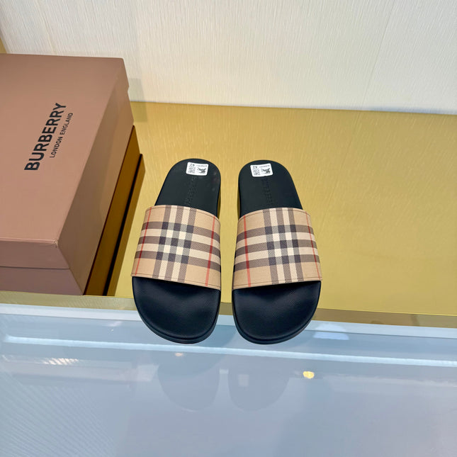 BURBERRY 26S SLIDES SANDAL IN BLACK BEIGE CALFSKIN
