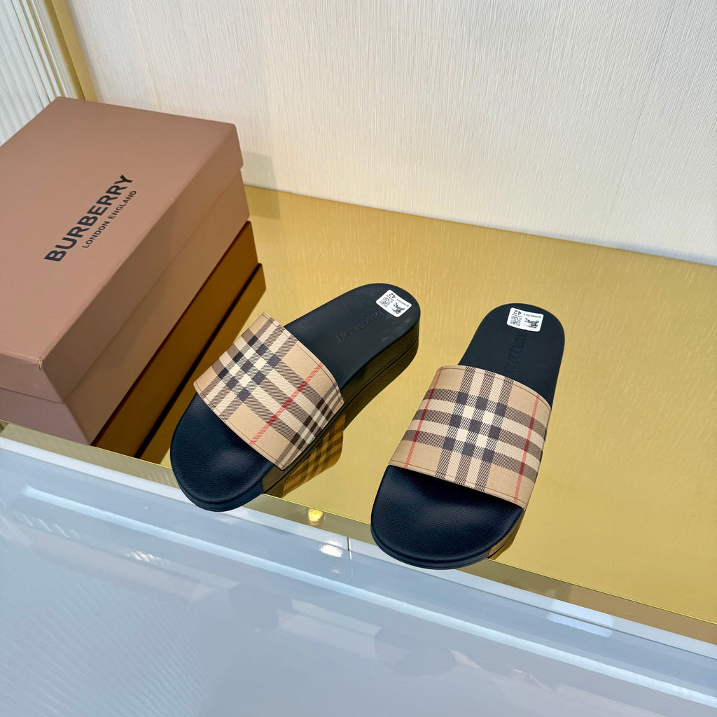 BURBERRY 26S SLIDES SANDAL IN BLACK BEIGE CALFSKIN