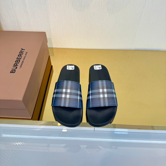 BURBERRY 26S SLIDES SANDAL IN BLACK BLUE CALFSKIN