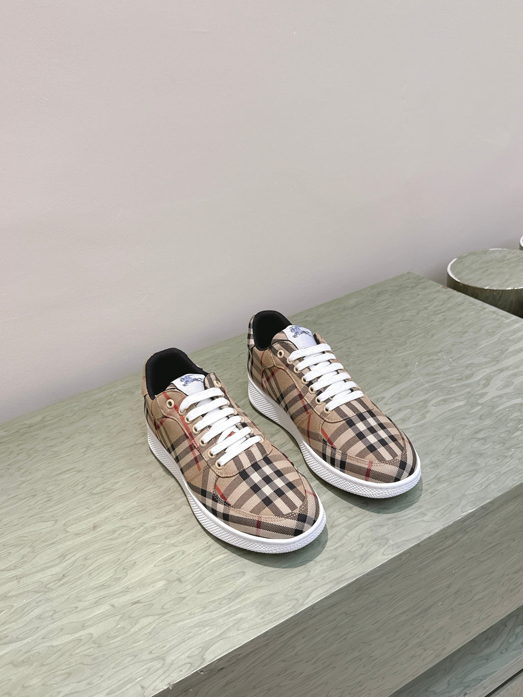 BURBERRY 26S PLAID TERRACE SNEAKERS IN LIGHT BROWN CANVAS