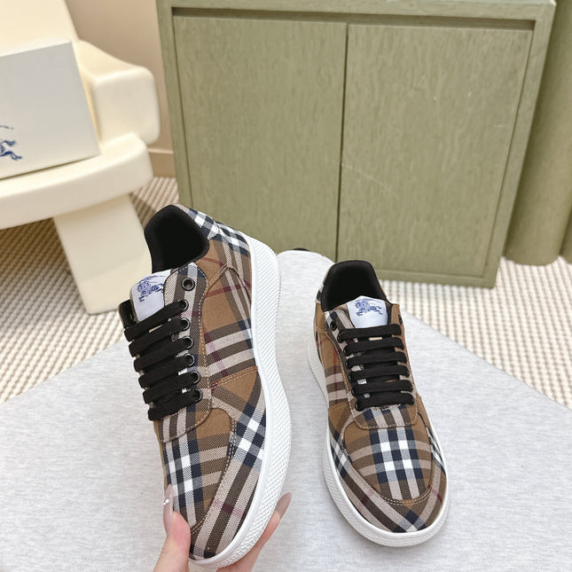 BURBERRY 26S PLAID TERRACE SNEAKERS IN BROWN CANVAS