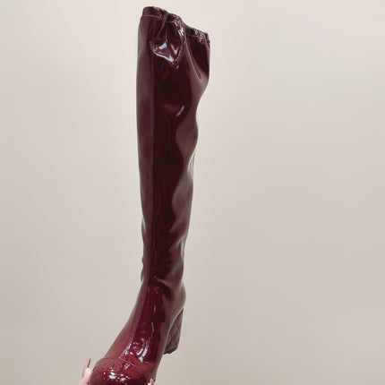 CHANEL 25S KNEE-HIGH BOOTS 60MM IN BURGUNDY PATENT CALFSKIN WEDGE HEELS