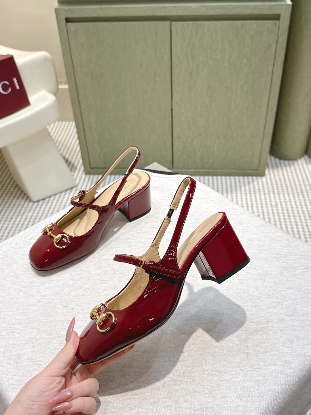 GG HORSEBIT SLINGBACK IN BURGUNDY RED SHINY CALFSKIN