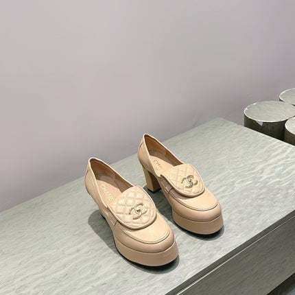 CHANEL 25S HIGH-HEELED MOCCASINS 80MM IN LIGHT TAN CALFSKIN GOLD HARDWARE