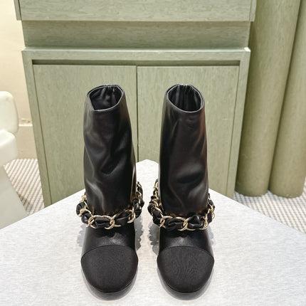 CHANEL 25S CALF-LENGTH BOOTS 45MM IN BLACK CALFSKIN GOLD HARDWARE