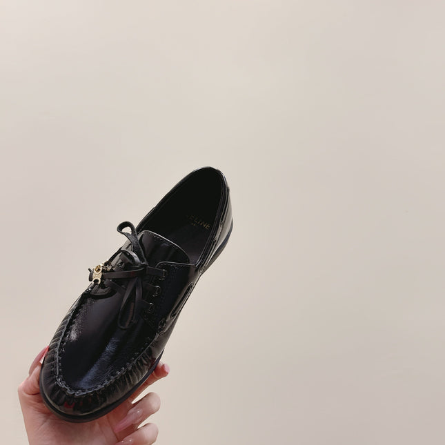 CELINE 26S LACE-UP LOAFERS IN BLACK GLOSSY CALFSKIN