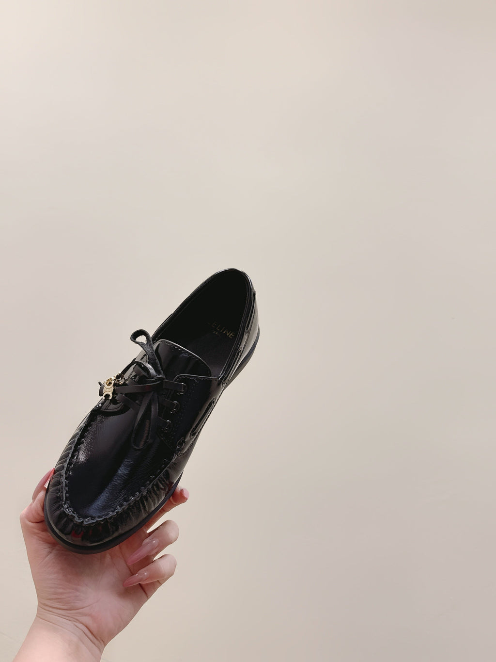 CELINE 26S LACE-UP LOAFERS IN BLACK GLOSSY CALFSKIN