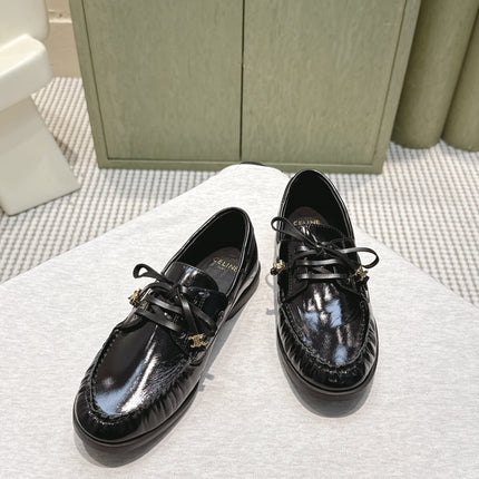 CELINE 26S LACE-UP LOAFERS IN BLACK GLOSSY CALFSKIN