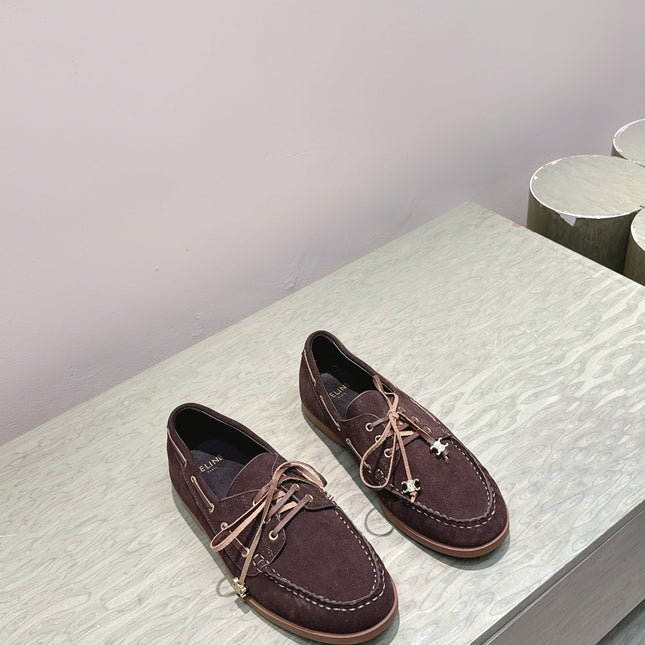 CELINE 26S LACE-UP LOAFERS IN DARK BROWN SUEDE