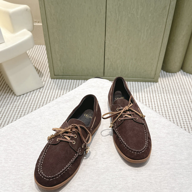 CELINE 26S LACE-UP LOAFERS IN DARK BROWN SUEDE