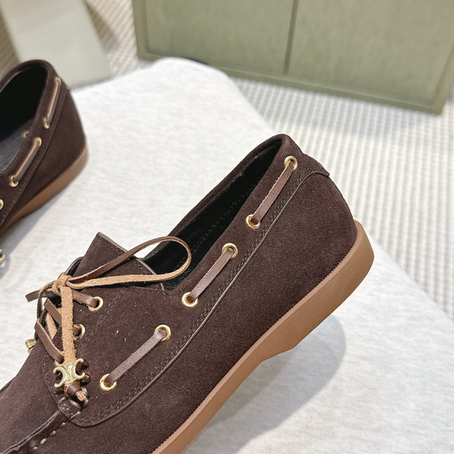 CELINE 26S LACE-UP LOAFERS IN DARK BROWN SUEDE