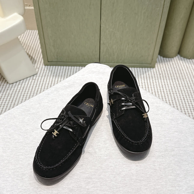 CELINE 26S LACE-UP LOAFERS IN BLACK SUEDE