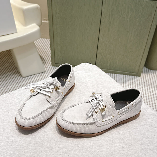 CELINE 26S LACE-UP LOAFERS IN OFF-WHITE BEIGE SUEDE