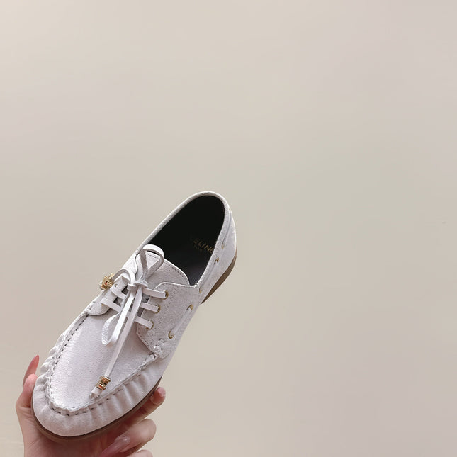 CELINE 26S LACE-UP LOAFERS IN OFF-WHITE BEIGE SUEDE
