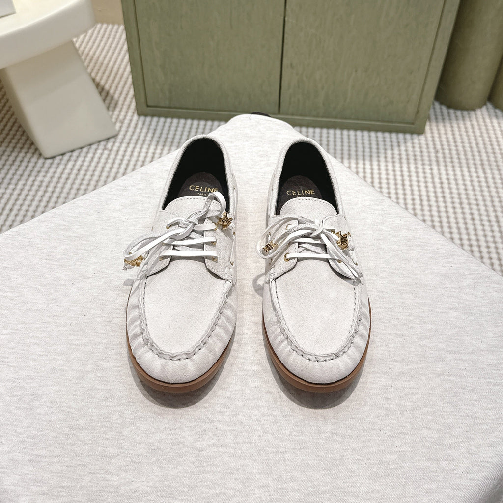 CELINE 26S LACE-UP LOAFERS IN OFF-WHITE BEIGE SUEDE