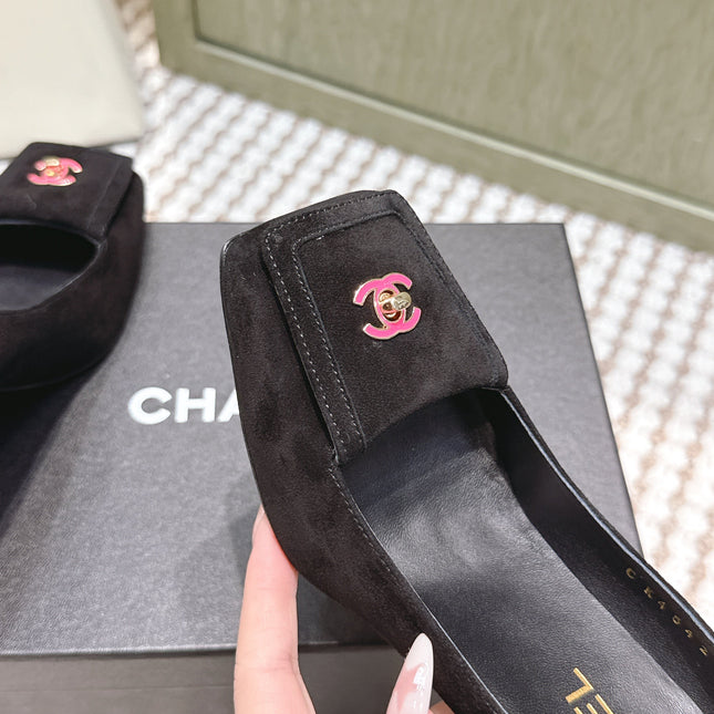 CHANEL 25S SLINGBACK SHOES 90MM IN BLACK SUEDE SQUARE TOE PINK HARDWARE
