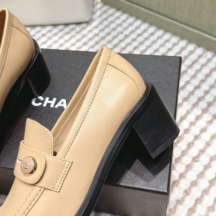 CHANEL 25S GODDESS MOCCASIN LOAFERS 65MM IN WARM BEIGE CALFSKIN GOLD HARDWARE