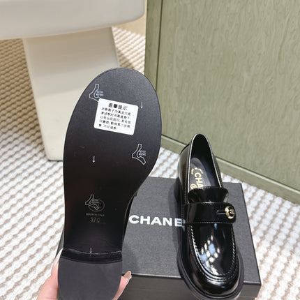 CHANEL 25S GODDESS MOCCASIN LOAFERS 65MM IN BLACK GLOSSY CALFSKIN GOLD HARDWARE