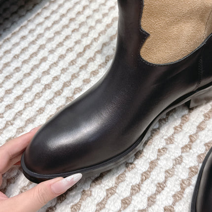 CHANEL 25S KNEE-HIGH BOOTS IN TAN BROWN SUEDE MIX BLACK CALFSKIN