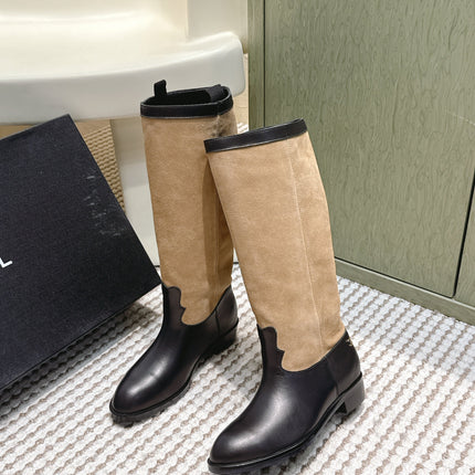 CHANEL 25S KNEE-HIGH BOOTS IN TAN BROWN SUEDE MIX BLACK CALFSKIN