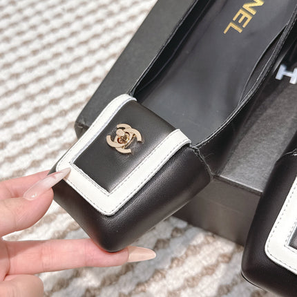 CHANEL 25S SLINGBACK SHOES 90MM IN BLACK CALFSKIN SQUARE TOE GOLD HARDWARE