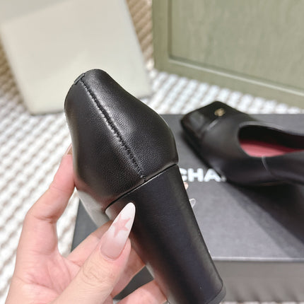 CHANEL 25S SQUARE-TOE HIGH HEELS 90MM IN BLACK CALFSKIN