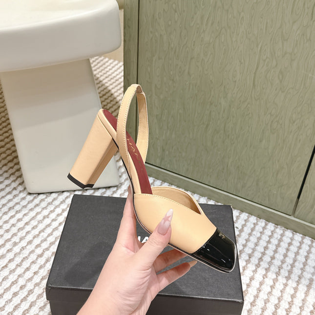CHANEL 25S HIGH-HEELED SQUARE-TOE SLINGBACK 90MM IN DARK BEIGE AND BLACK CALFSKIN