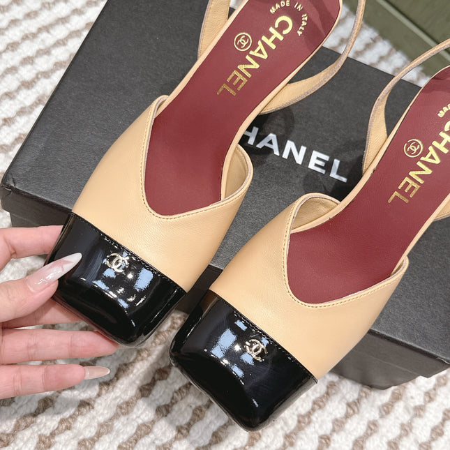 CHANEL 25S HIGH-HEELED SQUARE-TOE SLINGBACK 90MM IN DARK BEIGE AND BLACK CALFSKIN