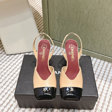 CHANEL 25S HIGH-HEELED SQUARE-TOE SLINGBACK 90MM IN DARK BEIGE AND BLACK CALFSKIN