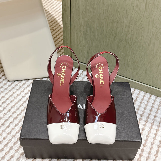 CHANEL 25S HIGH-HEELED SQUARE-TOE SLINGBACK 90MM IN DARK RED AND WHITE CALFSKIN