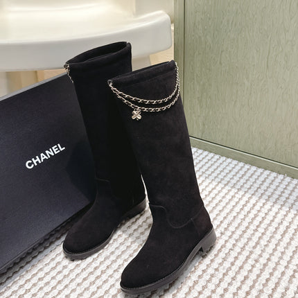 CHANEL 25S KNEE-HIGH BOOTS IN BLACK SUEDE GOLD HARDWARE