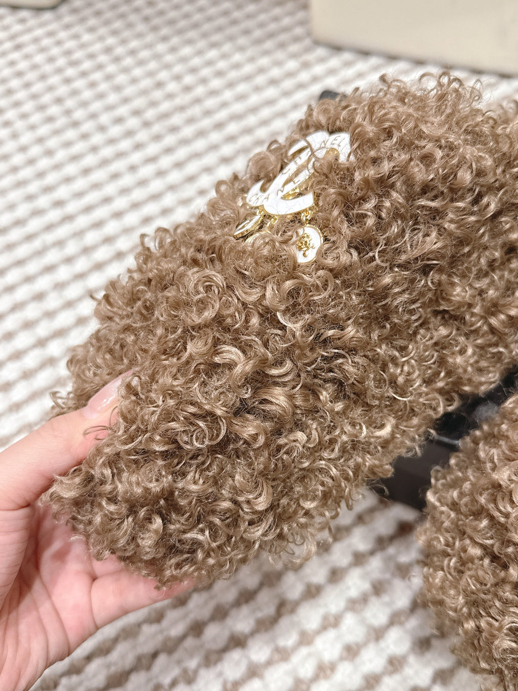 CHANEL 25S CLASSIC FURRY SLIDES IN BROWN WITH DOUBLE C LOGO