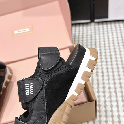 MIUMIU 26S VELCRO SANDALS IN BLACK CALFSKIN AND NYLON SILVER HARDWARE