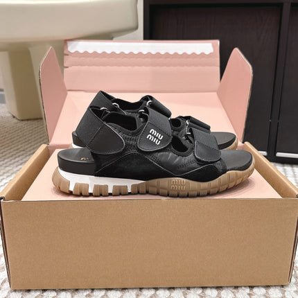 MIUMIU 26S VELCRO SANDALS IN BLACK CALFSKIN AND NYLON SILVER HARDWARE
