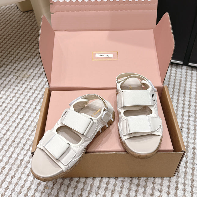 MIUMIU 26S VELCRO SANDALS IN CREAM WHITE CALFSKIN AND NYLON SILVER HARDWARE