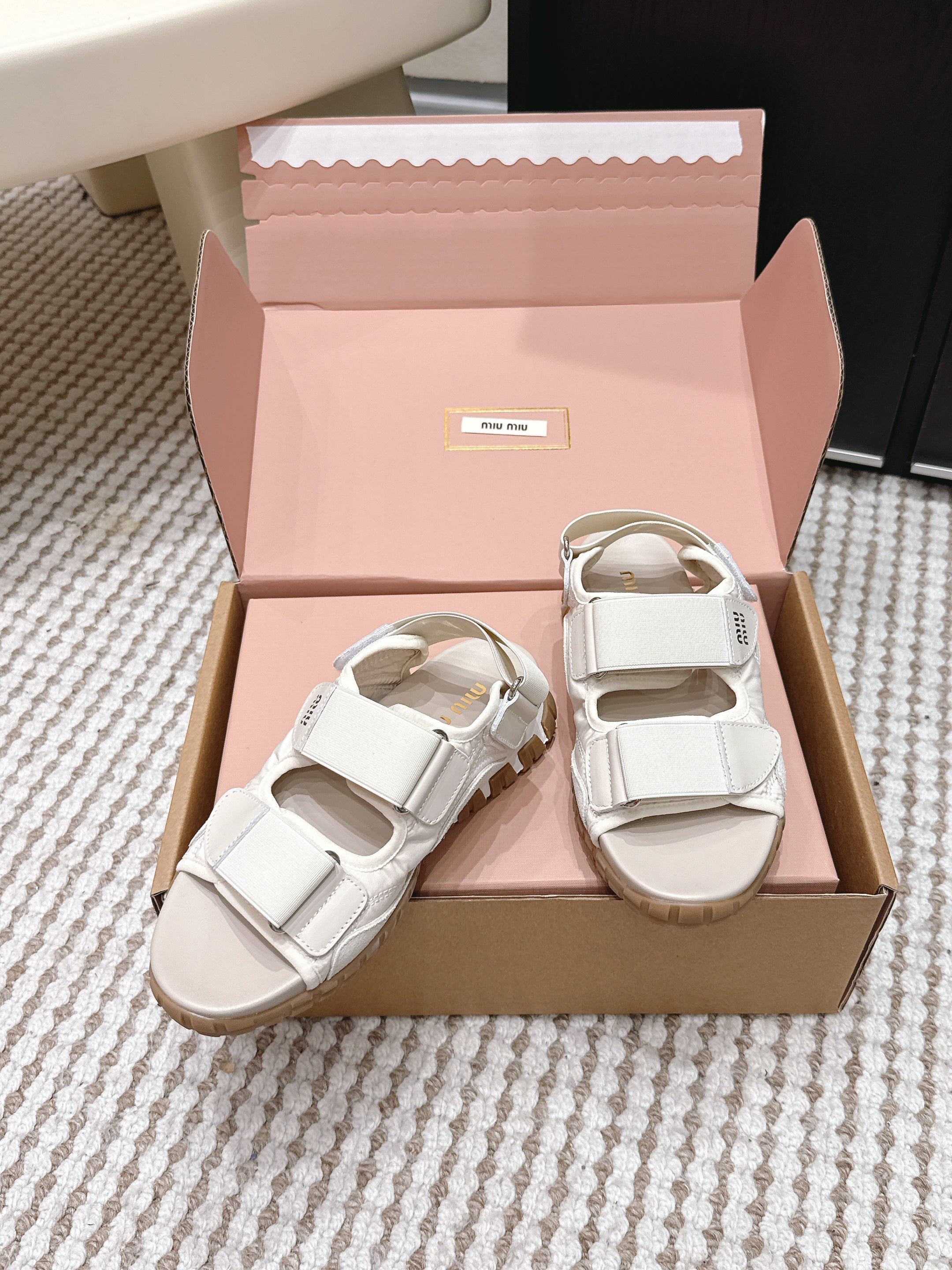 MIUMIU 26S VELCRO SANDALS IN CREAM WHITE CALFSKIN AND NYLON SILVER HARDWARE