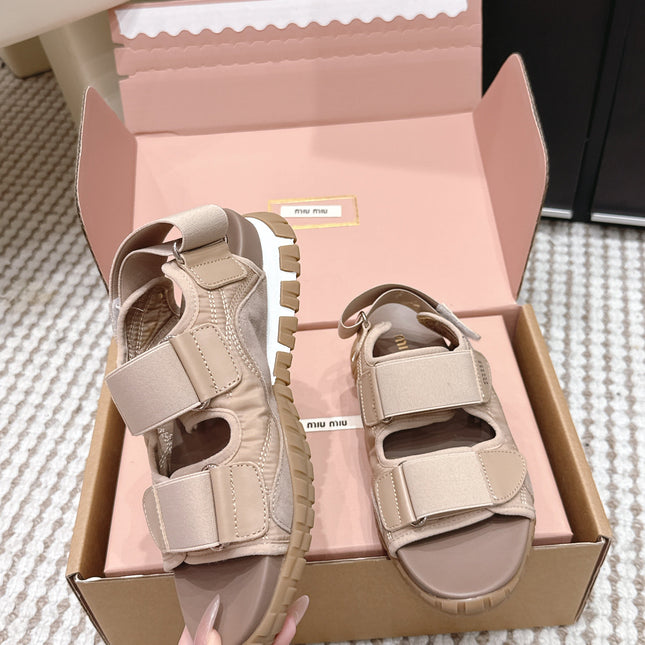 MIUMIU 26S VELCRO SANDALS IN LIGHT BROWN CALFSKIN AND NYLON SILVER HARDWARE