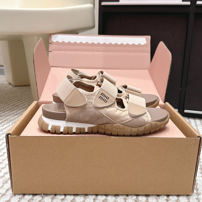 MIUMIU 26S VELCRO SANDALS IN LIGHT BROWN CALFSKIN AND NYLON SILVER HARDWARE