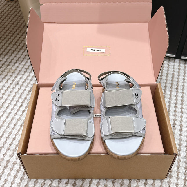 MIUMIU 26S VELCRO SANDALS IN GRAY CALFSKIN AND NYLON SILVER HARDWARE
