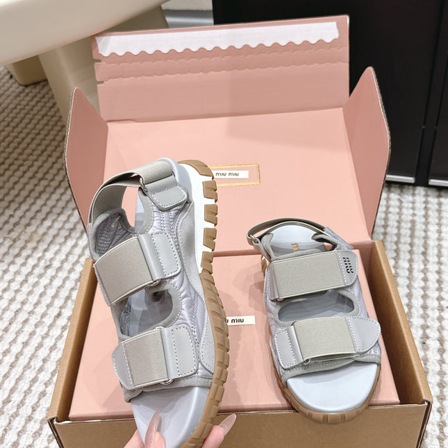 MIUMIU 26S VELCRO SANDALS IN GRAY CALFSKIN AND NYLON SILVER HARDWARE