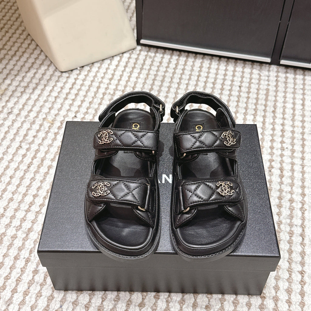 CHANEL 26S QUILTED DAD SANDALS IN BLACK CALFSKIN